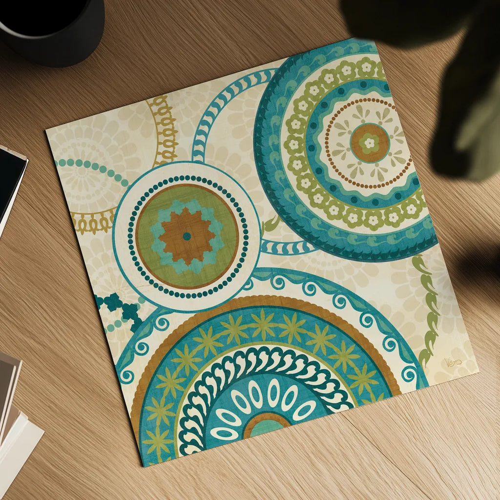 Owl Forest Suzani II by Veronique Charron. Shown as a detailed flat fine art print, highlighting archival giclee quality. Available as an archival giclee rolled canvas, fine art paper, or poster print. SKU 9070a.