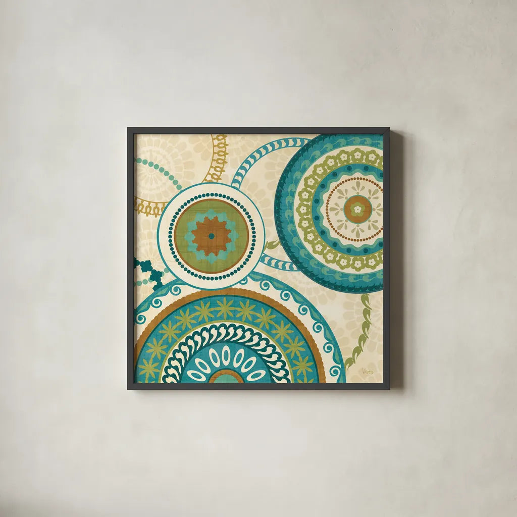 Owl Forest Suzani II by Veronique Charron. Shown in a sleek black glass frame for a contemporary gallery look. Available as an archival giclee rolled canvas, fine art paper, or poster print. SKU 9070a.