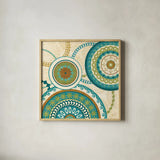 Owl Forest Suzani II by Veronique Charron. Shown in a natural wood glass frame for a timeless modern aesthetic. Available as an archival giclee rolled canvas, fine art paper, or poster print. SKU 9070a.