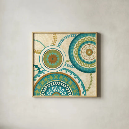 Owl Forest Suzani II by Veronique Charron. Shown in a natural wood glass frame for a timeless modern aesthetic. Available as an archival giclee rolled canvas, fine art paper, or poster print. SKU 9070a.