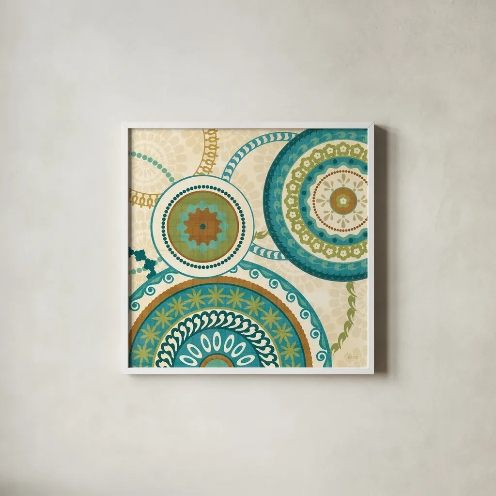 Owl Forest Suzani II by Veronique Charron. Shown in a crisp white glass frame for a clean and minimalist style. Available as an archival giclee rolled canvas, fine art paper, or poster print. SKU 9070a.