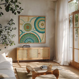 Owl Forest Suzani II by Veronique Charron. Shown in a natural wood frame in a cozy modern living room. Available as an archival giclee rolled canvas, fine art paper, or poster print. SKU 9070a.