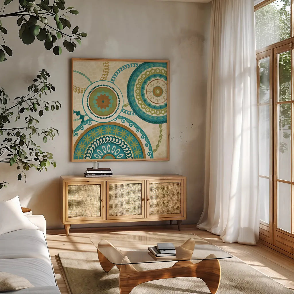 Owl Forest Suzani II by Veronique Charron. Shown in a natural wood frame in a cozy modern living room. Available as an archival giclee rolled canvas, fine art paper, or poster print. SKU 9070a.