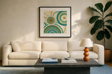 Owl Forest Suzani II by Veronique Charron. Displayed in a glass frame with matte in a clean modern living room. Available as an archival giclee rolled canvas, fine art paper, or poster print. SKU 9070a.