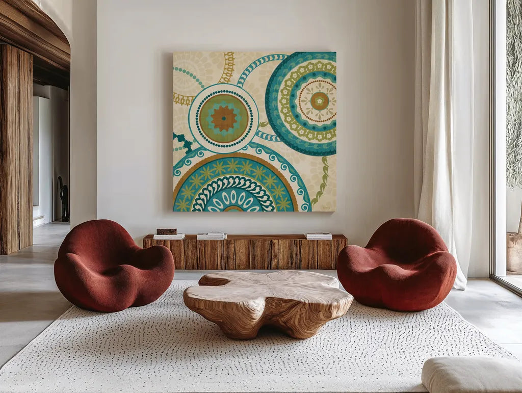 Owl Forest Suzani II by Veronique Charron. Shown as extra-large giant wall art in a modern living room. Available as an archival giclee rolled canvas, fine art paper, or poster print. SKU 9070a.