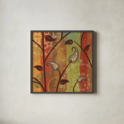 Paisley Garden I by Veronique Charron. Shown in a sleek black glass frame for a contemporary gallery look. Available as an archival giclee rolled canvas, fine art paper, or poster print. SKU 9312a.