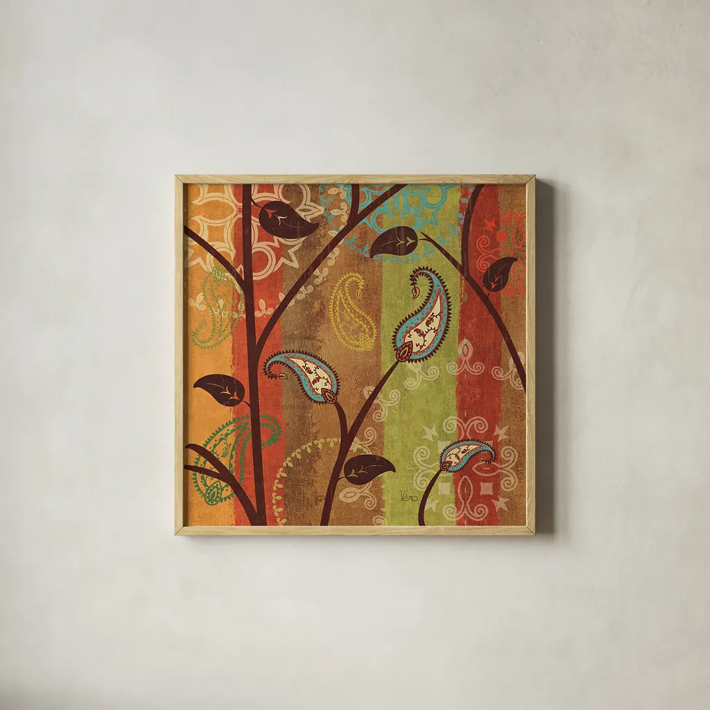 Paisley Garden I by Veronique Charron. Shown in a natural wood glass frame for a timeless modern aesthetic. Available as an archival giclee rolled canvas, fine art paper, or poster print. SKU 9312a.