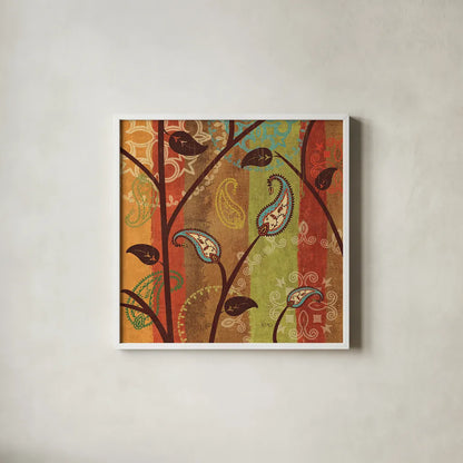 Paisley Garden I by Veronique Charron. Shown in a crisp white glass frame for a clean and minimalist style. Available as an archival giclee rolled canvas, fine art paper, or poster print. SKU 9312a.