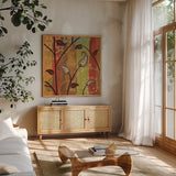 Paisley Garden I by Veronique Charron. Shown in a natural wood frame in a cozy modern living room. Available as an archival giclee rolled canvas, fine art paper, or poster print. SKU 9312a.