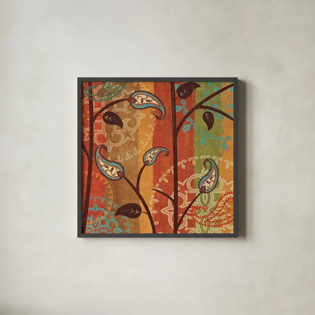 Paisley Garden II by Veronique Charron. Shown in a sleek black glass frame for a contemporary gallery look. Available as an archival giclee rolled canvas, fine art paper, or poster print. SKU 9313a.