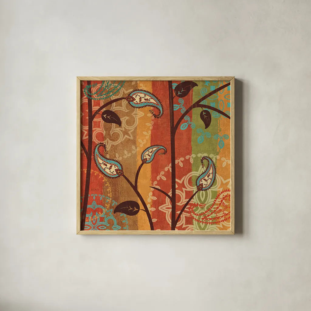 Paisley Garden II by Veronique Charron. Shown in a natural wood glass frame for a timeless modern aesthetic. Available as an archival giclee rolled canvas, fine art paper, or poster print. SKU 9313a.