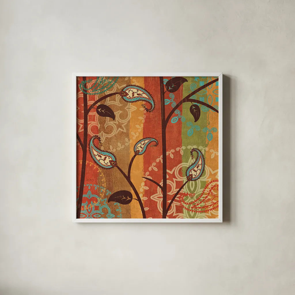 Paisley Garden II by Veronique Charron. Shown in a crisp white glass frame for a clean and minimalist style. Available as an archival giclee rolled canvas, fine art paper, or poster print. SKU 9313a.