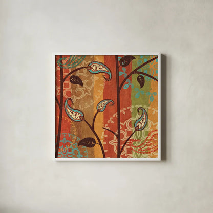 Paisley Garden II by Veronique Charron. Shown in a crisp white glass frame for a clean and minimalist style. Available as an archival giclee rolled canvas, fine art paper, or poster print. SKU 9313a.
