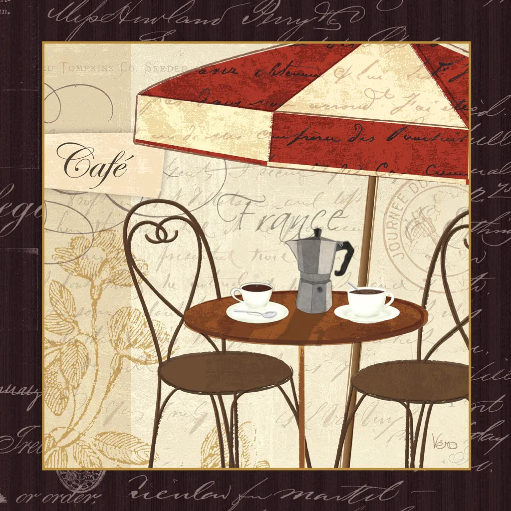 Petit Cafe I with Border by Veronique Charron. SKU 3285a. Archival Giclee Fine art print for wall decor.