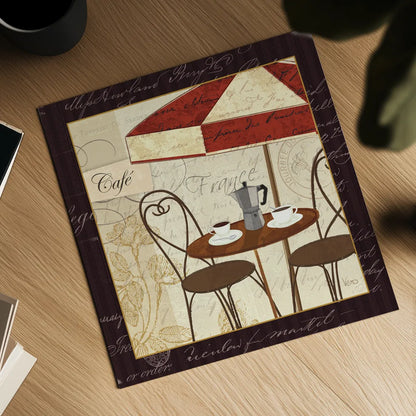 Petit Cafe I with Border by Veronique Charron. Shown as a detailed flat fine art print, highlighting archival giclee quality. Available as an archival giclee rolled canvas, fine art paper, or poster print. SKU 3285a.