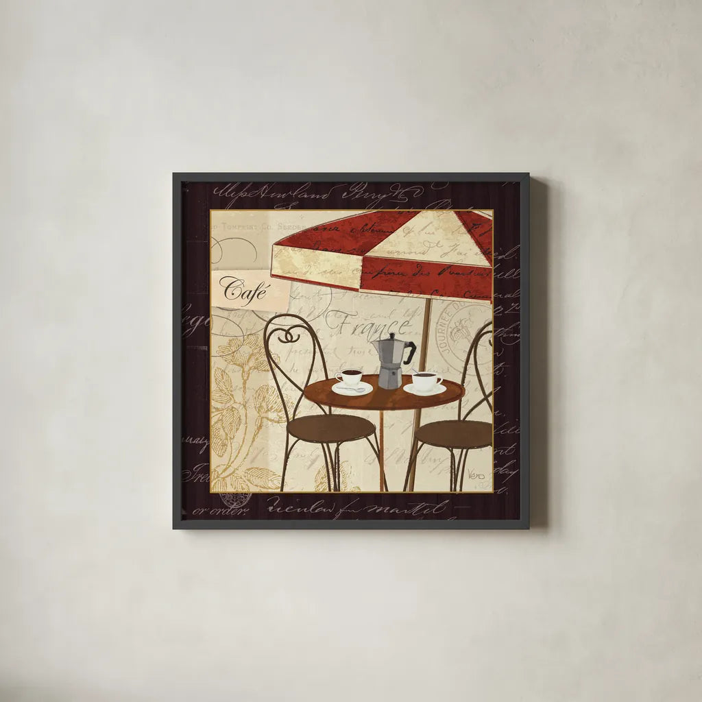 Petit Cafe I with Border by Veronique Charron. Shown in a sleek black glass frame for a contemporary gallery look. Available as an archival giclee rolled canvas, fine art paper, or poster print. SKU 3285a.