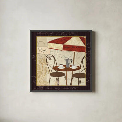 Petit Cafe I with Border by Veronique Charron. Shown in a sleek black glass frame for a contemporary gallery look. Available as an archival giclee rolled canvas, fine art paper, or poster print. SKU 3285a.