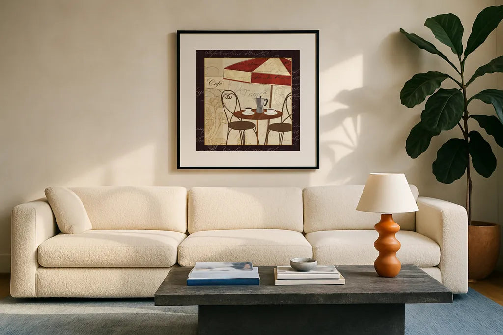 Petit Cafe I with Border by Veronique Charron. Displayed in a glass frame with matte in a clean modern living room. Available as an archival giclee rolled canvas, fine art paper, or poster print. SKU 3285a.