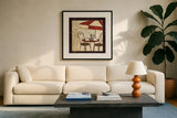 Petit Cafe I with Border by Veronique Charron. Displayed in a glass frame with matte in a clean modern living room. Available as an archival giclee rolled canvas, fine art paper, or poster print. SKU 3285a.