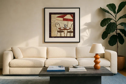 Petit Cafe I with Border by Veronique Charron. Displayed in a glass frame with matte in a clean modern living room. Available as an archival giclee rolled canvas, fine art paper, or poster print. SKU 3285a.