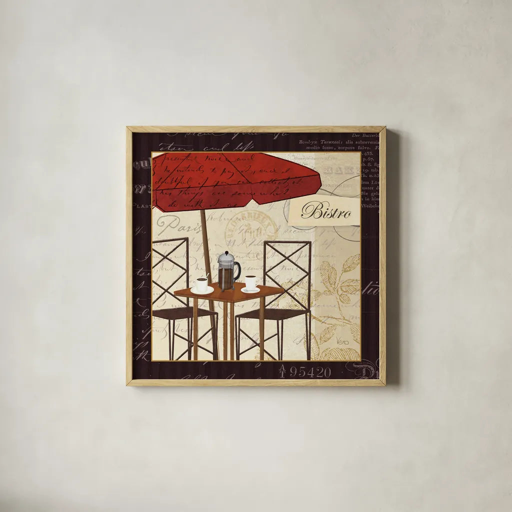 Petit Cafe II with Border by Veronique Charron. Shown in a natural wood glass frame for a timeless modern aesthetic. Available as an archival giclee rolled canvas, fine art paper, or poster print. SKU 3286a.