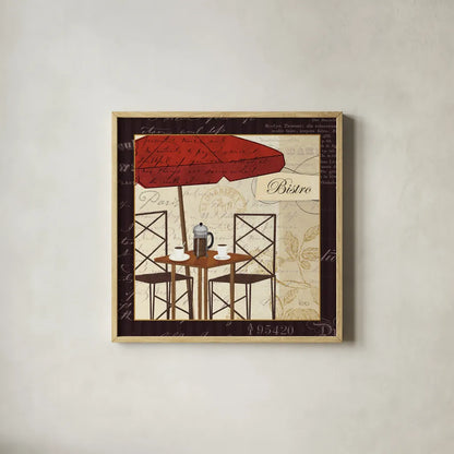 Petit Cafe II with Border by Veronique Charron. Shown in a natural wood glass frame for a timeless modern aesthetic. Available as an archival giclee rolled canvas, fine art paper, or poster print. SKU 3286a.