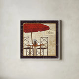 Petit Cafe II with Border by Veronique Charron. Shown in a crisp white glass frame for a clean and minimalist style. Available as an archival giclee rolled canvas, fine art paper, or poster print. SKU 3286a.