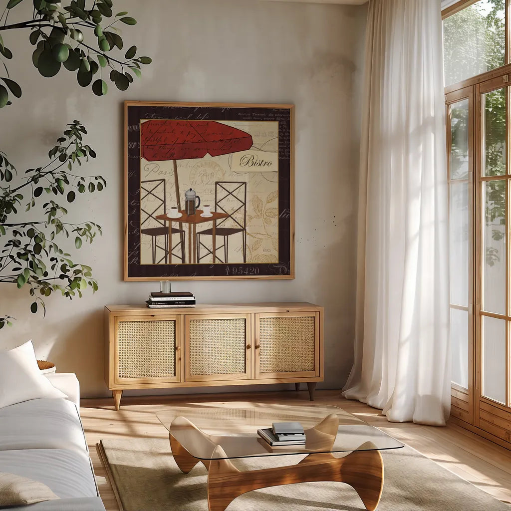 Petit Cafe II with Border by Veronique Charron. Shown in a natural wood frame in a cozy modern living room. Available as an archival giclee rolled canvas, fine art paper, or poster print. SKU 3286a.