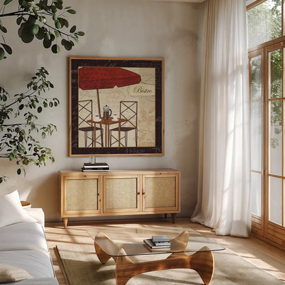 Petit Cafe II with Border by Veronique Charron. Shown in a natural wood frame in a cozy modern living room. Available as an archival giclee rolled canvas, fine art paper, or poster print. SKU 3286a.