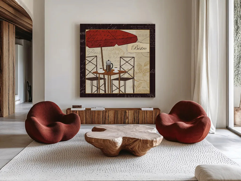 Petit Cafe II with Border by Veronique Charron. Shown as extra-large giant wall art in a modern living room. Available as an archival giclee rolled canvas, fine art paper, or poster print. SKU 3286a.