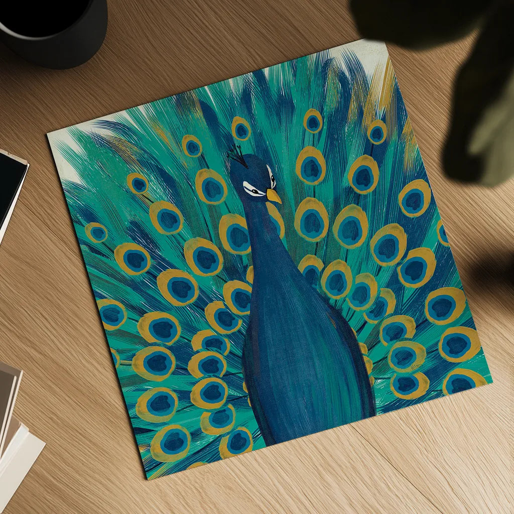 Proud as a Peacock I by Veronique Charron. Shown as a detailed flat fine art print, highlighting archival giclee quality. Available as an archival giclee rolled canvas, fine art paper, or poster print. SKU 14233a.