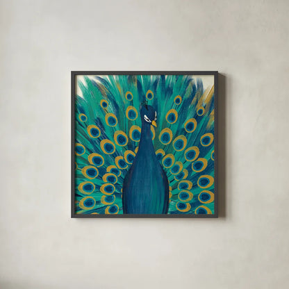 Proud as a Peacock I by Veronique Charron. Shown in a sleek black glass frame for a contemporary gallery look. Available as an archival giclee rolled canvas, fine art paper, or poster print. SKU 14233a.