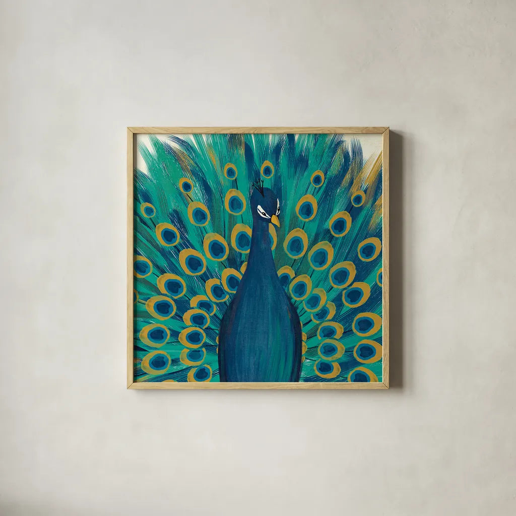Proud as a Peacock I by Veronique Charron. Shown in a natural wood glass frame for a timeless modern aesthetic. Available as an archival giclee rolled canvas, fine art paper, or poster print. SKU 14233a.