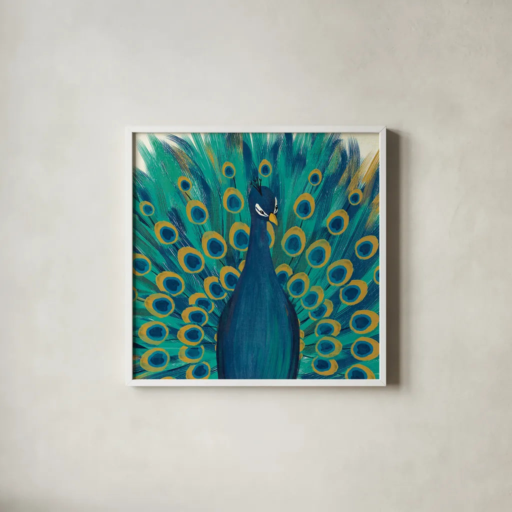 Proud as a Peacock I by Veronique Charron. Shown in a crisp white glass frame for a clean and minimalist style. Available as an archival giclee rolled canvas, fine art paper, or poster print. SKU 14233a.