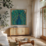 Proud as a Peacock I by Veronique Charron. Shown in a natural wood frame in a cozy modern living room. Available as an archival giclee rolled canvas, fine art paper, or poster print. SKU 14233a.