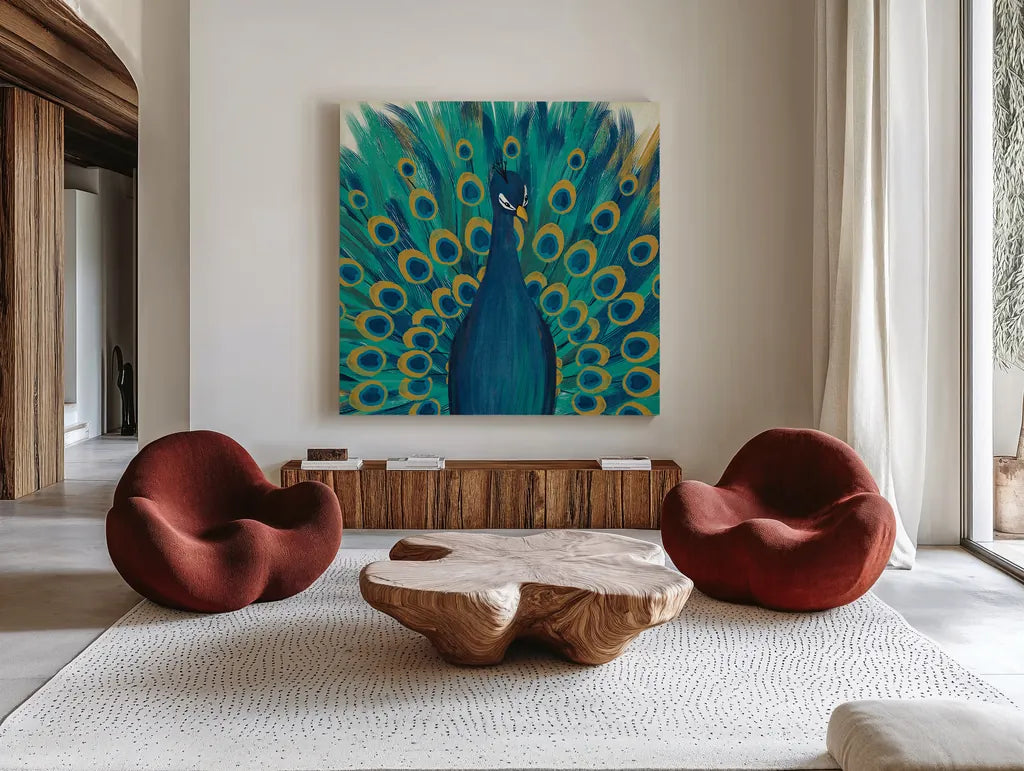 Proud as a Peacock I by Veronique Charron. Shown as extra-large giant wall art in a modern living room. Available as an archival giclee rolled canvas, fine art paper, or poster print. SKU 14233a.
