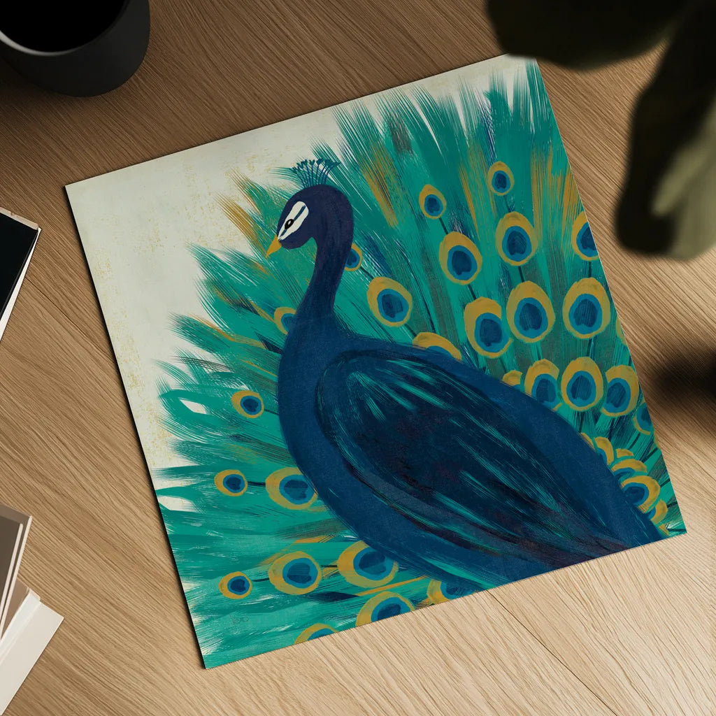 Proud as a Peacock II by Veronique Charron. Shown as a detailed flat fine art print, highlighting archival giclee quality. Available as an archival giclee rolled canvas, fine art paper, or poster print. SKU 14234a.