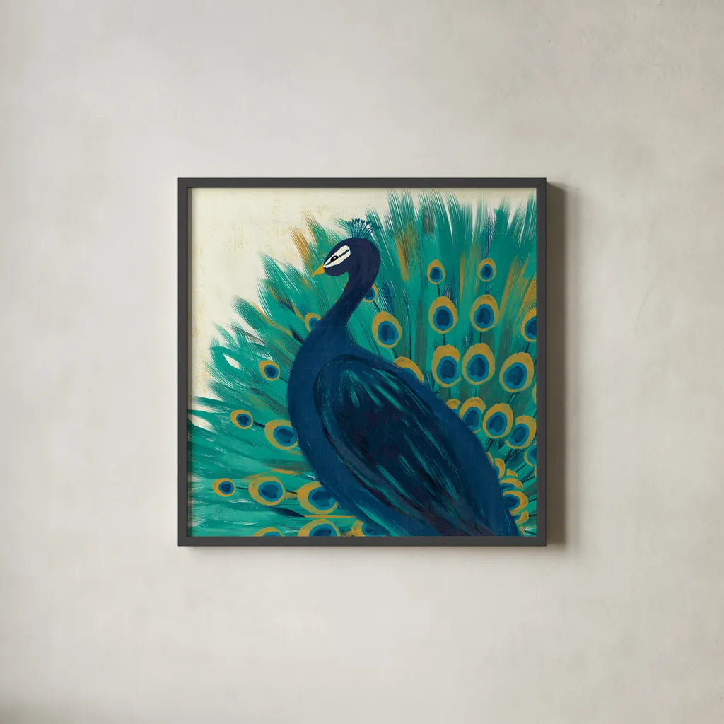Proud as a Peacock II by Veronique Charron. Shown in a sleek black glass frame for a contemporary gallery look. Available as an archival giclee rolled canvas, fine art paper, or poster print. SKU 14234a.
