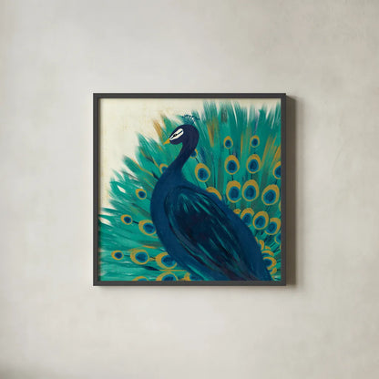 Proud as a Peacock II by Veronique Charron. Shown in a sleek black glass frame for a contemporary gallery look. Available as an archival giclee rolled canvas, fine art paper, or poster print. SKU 14234a.