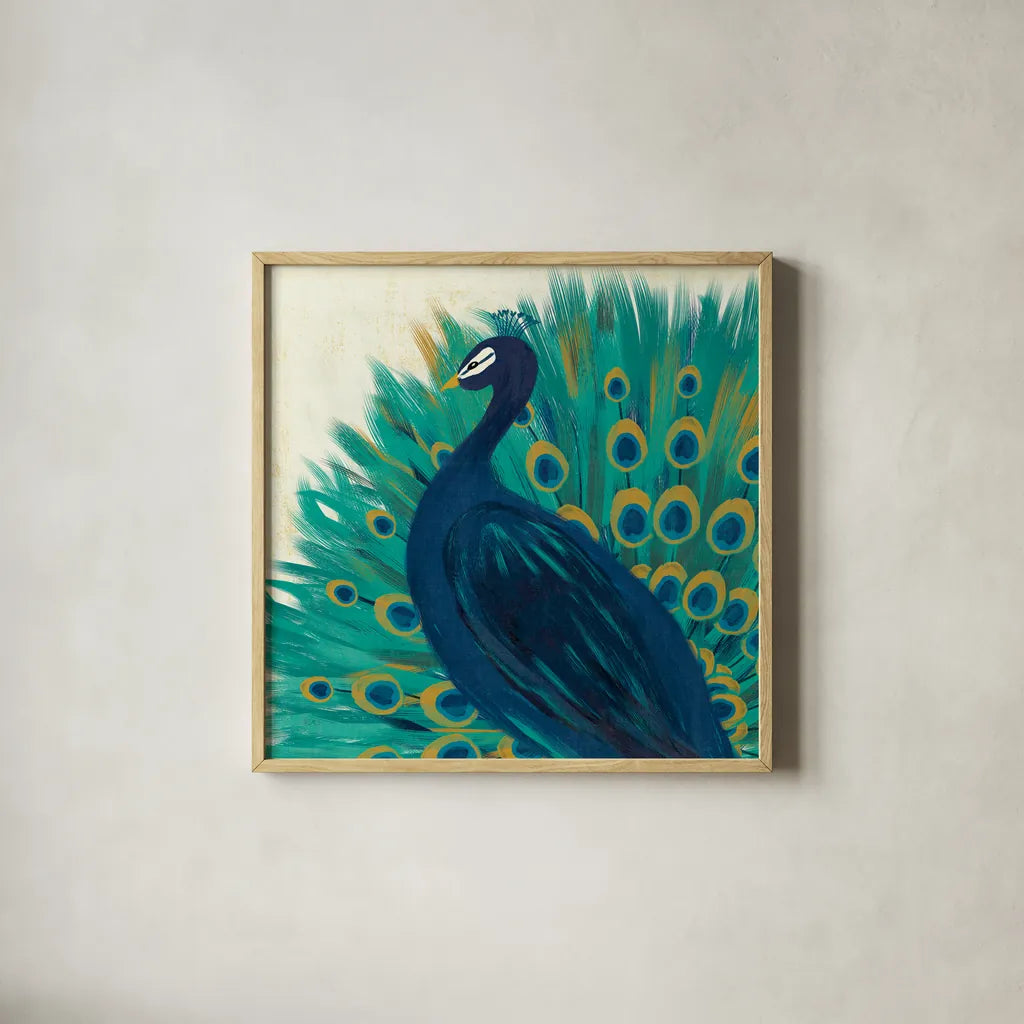 Proud as a Peacock II by Veronique Charron. Shown in a natural wood glass frame for a timeless modern aesthetic. Available as an archival giclee rolled canvas, fine art paper, or poster print. SKU 14234a.