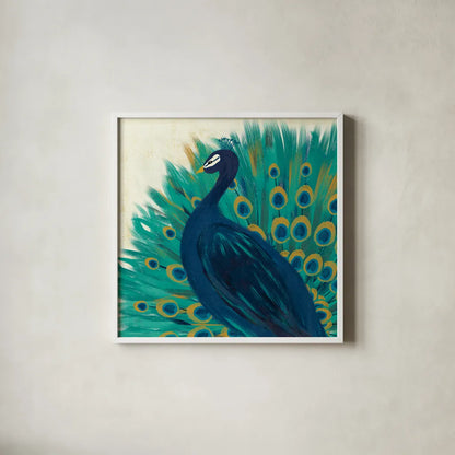 Proud as a Peacock II by Veronique Charron. Shown in a crisp white glass frame for a clean and minimalist style. Available as an archival giclee rolled canvas, fine art paper, or poster print. SKU 14234a.