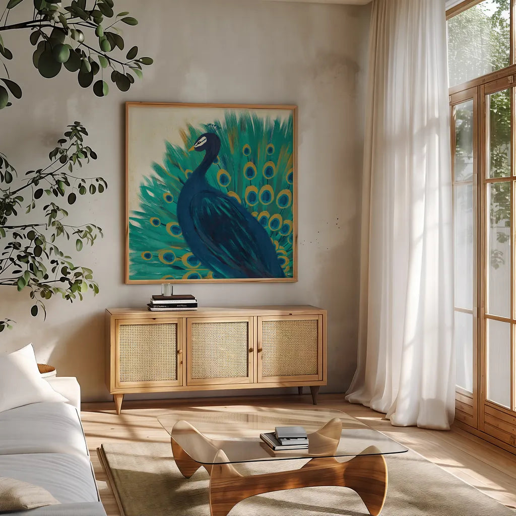 Proud as a Peacock II by Veronique Charron. Shown in a natural wood frame in a cozy modern living room. Available as an archival giclee rolled canvas, fine art paper, or poster print. SKU 14234a.