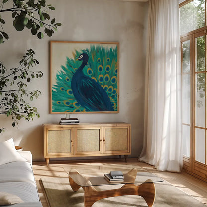 Proud as a Peacock II by Veronique Charron. Shown in a natural wood frame in a cozy modern living room. Available as an archival giclee rolled canvas, fine art paper, or poster print. SKU 14234a.