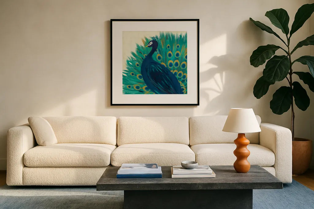 Proud as a Peacock II by Veronique Charron. Displayed in a glass frame with matte in a clean modern living room. Available as an archival giclee rolled canvas, fine art paper, or poster print. SKU 14234a.