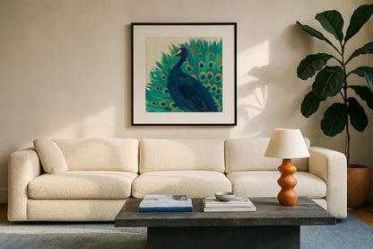 Proud as a Peacock II by Veronique Charron. Displayed in a glass frame with matte in a clean modern living room. Available as an archival giclee rolled canvas, fine art paper, or poster print. SKU 14234a.