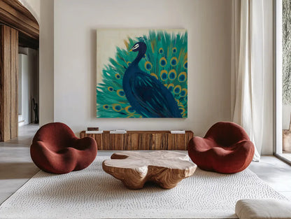 Proud as a Peacock II by Veronique Charron. Shown as extra-large giant wall art in a modern living room. Available as an archival giclee rolled canvas, fine art paper, or poster print. SKU 14234a.
