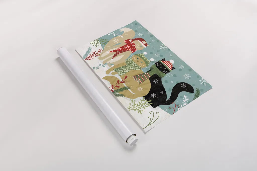 Purrfect Holiday I by Veronique Charron. shown as a rolled paper print. Available as archival giclee rolled canvas, fine art paper, or poster print. SKU 67153i.