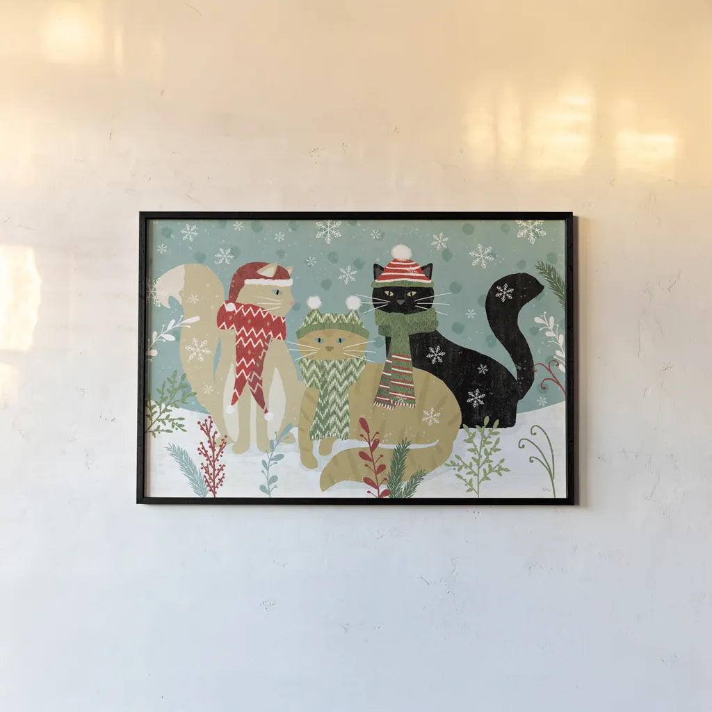 Purrfect Holiday I by Veronique Charron. shown as a paper print in a black flame. Available as a archival giclee rolled canvas, fine art paper, or poster print. SKU 67153i.