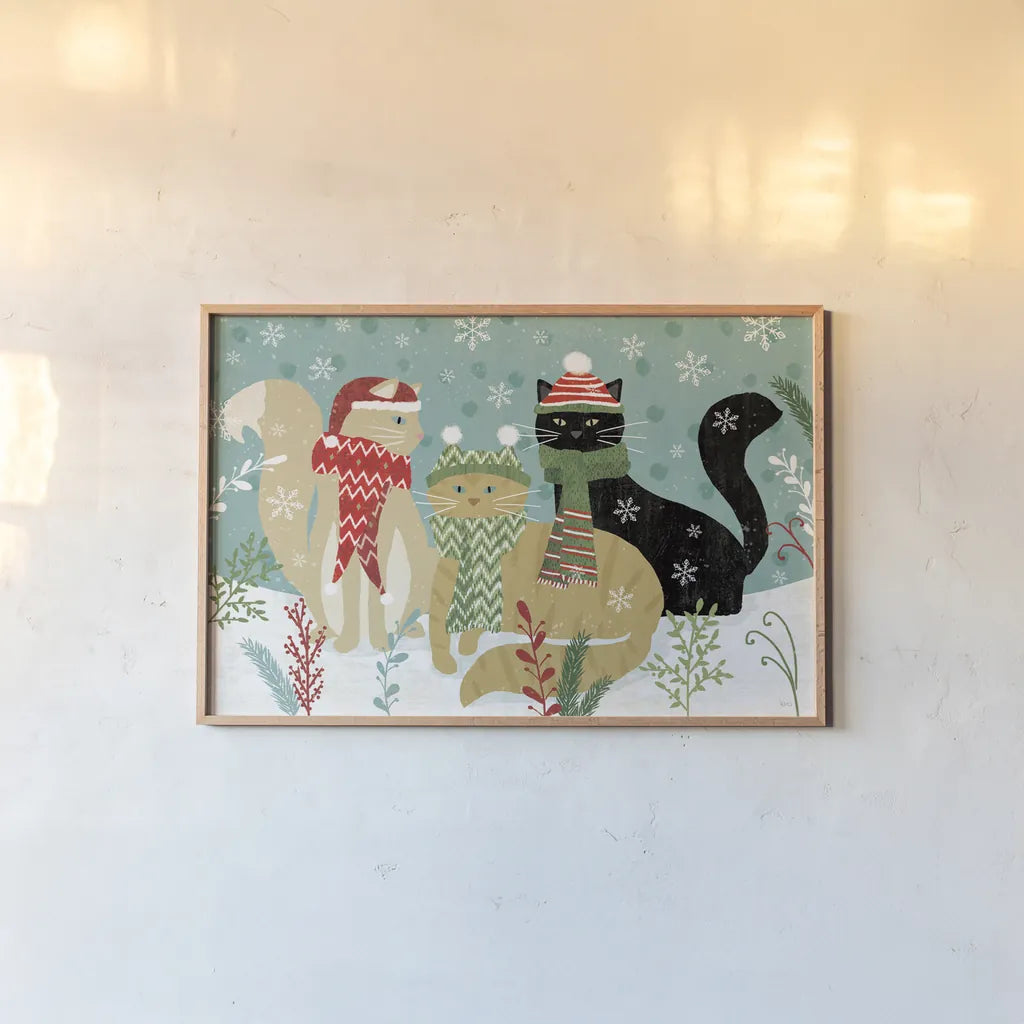 Purrfect Holiday I by Veronique Charron. shown as a paper print in a natural frame. Available as a archival giclee rolled canvas, fine art paper, or poster print. SKU 67153i.