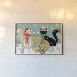 Purrfect Holiday I by Veronique Charron. shown as a paper print in a natural frame. Available as a archival giclee rolled canvas, fine art paper, or poster print. SKU 67153i.